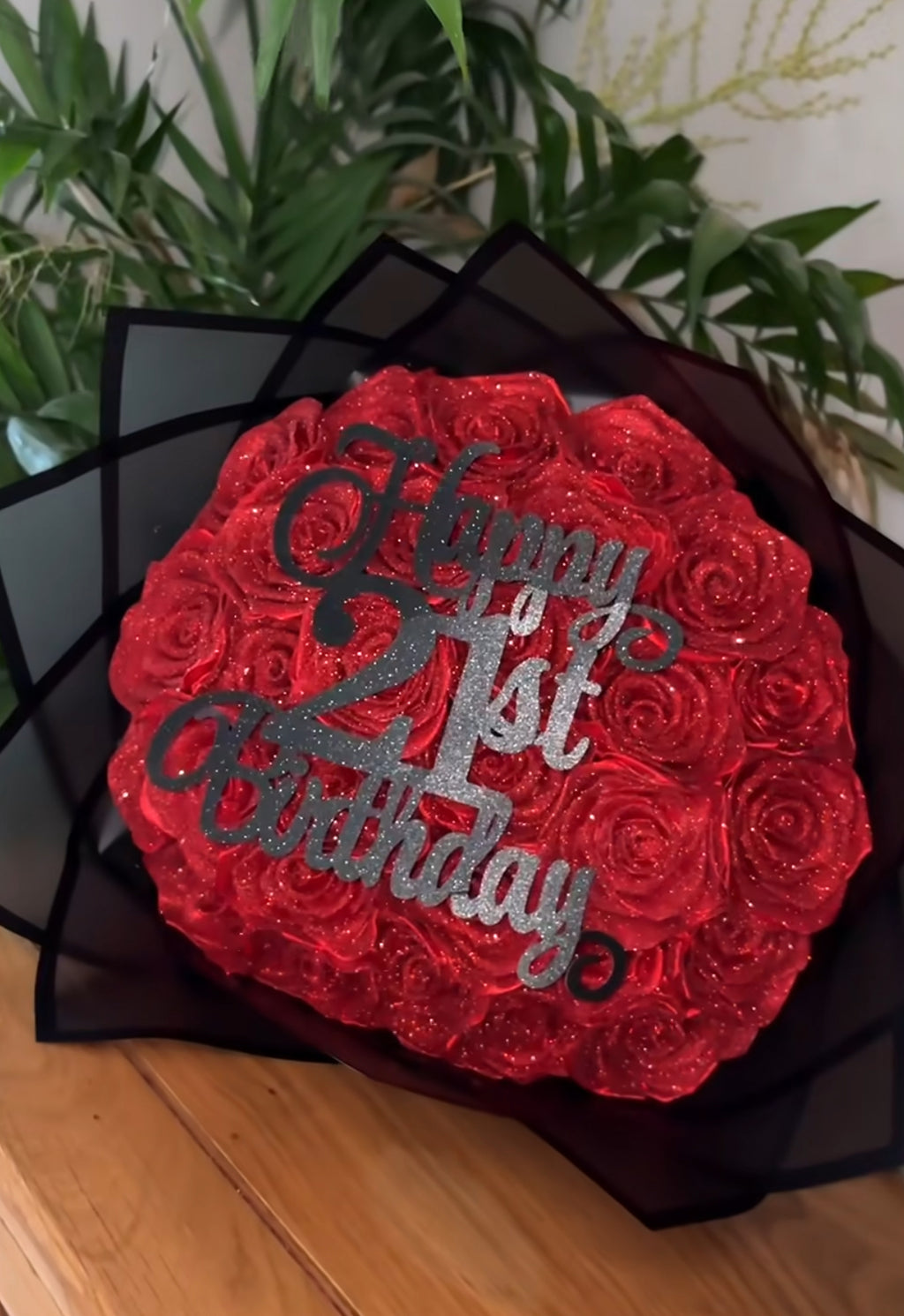 black glittered birthday toppers