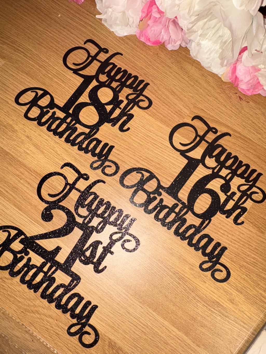 black glittered birthday toppers