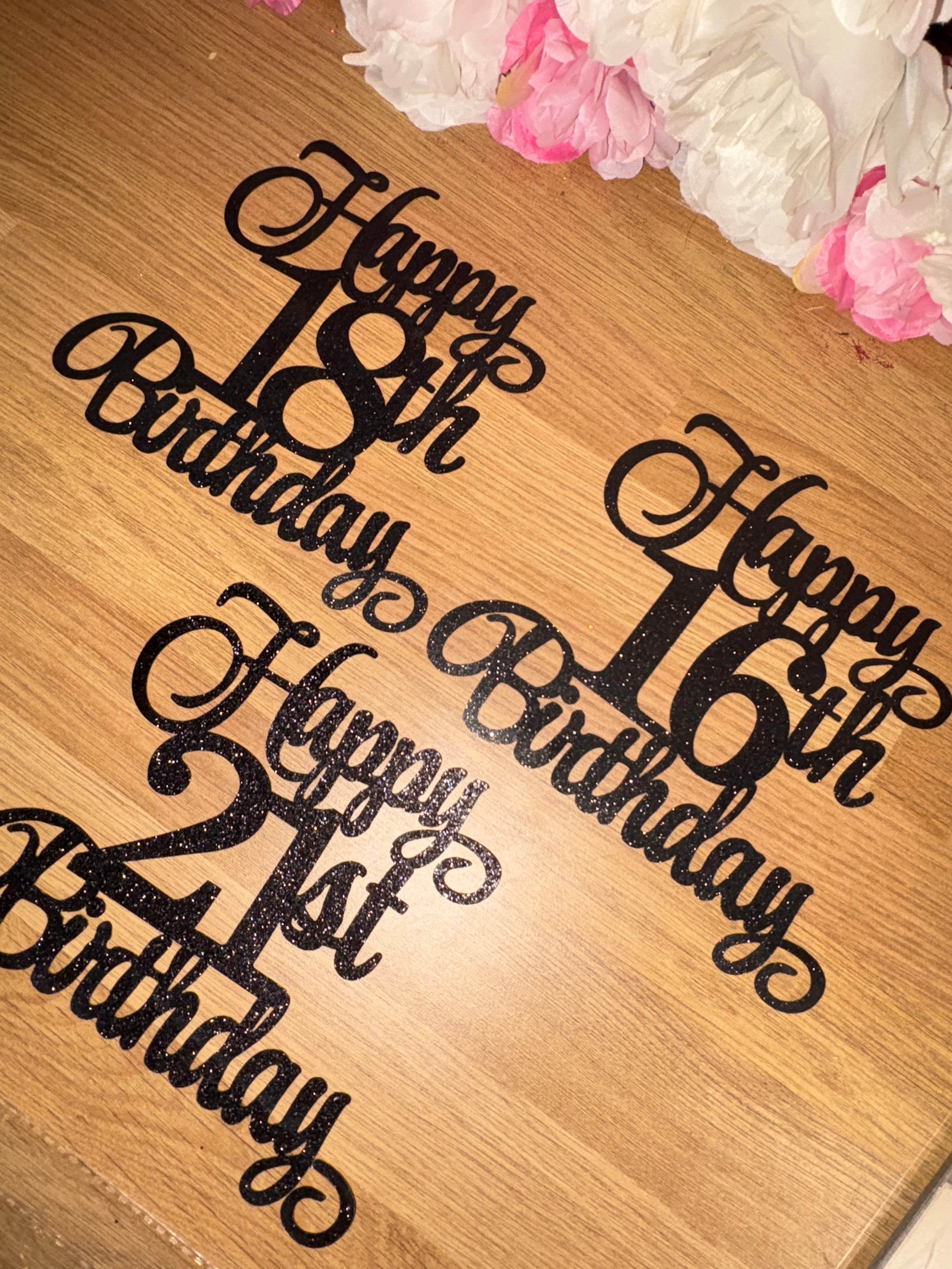 black glittered birthday toppers